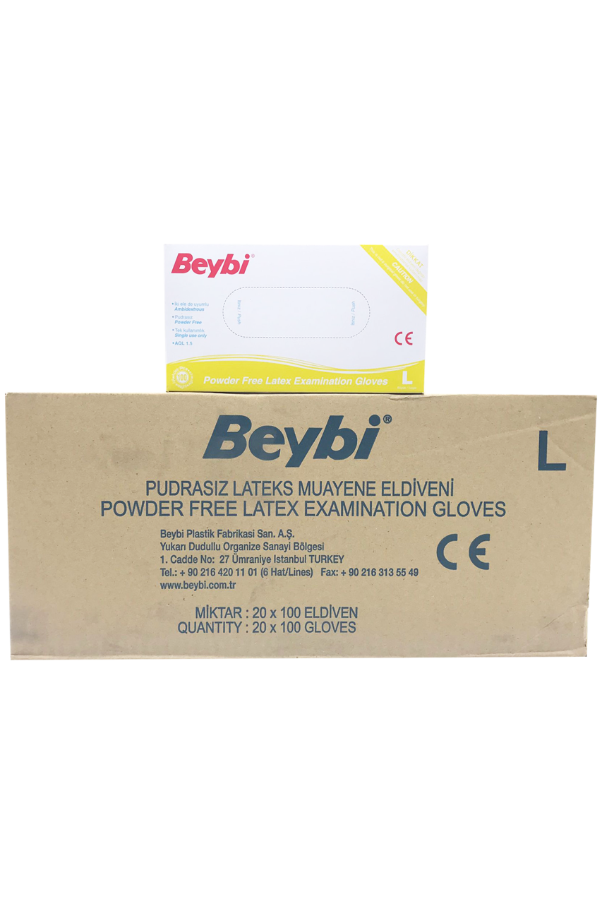 Beybi Pudrasız Lateks Muayene Eldiveni 100'lü (Large) - 20 Paket / Koli