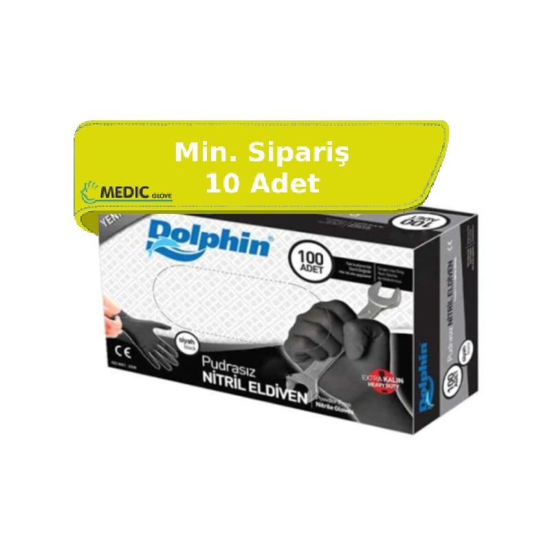 Dolphin Siyah Pudrasız Nitril Ekstra Kalın Eldiven (Large) 100'lü Paket