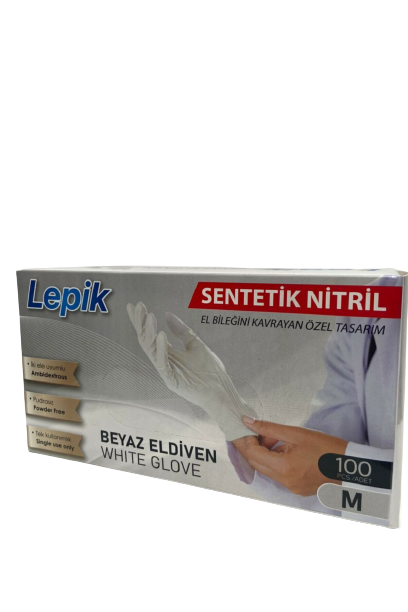 Lepik Beyaz Pudrasız Sentetik Nitril Eldiven (Medium) 100'lü Paket