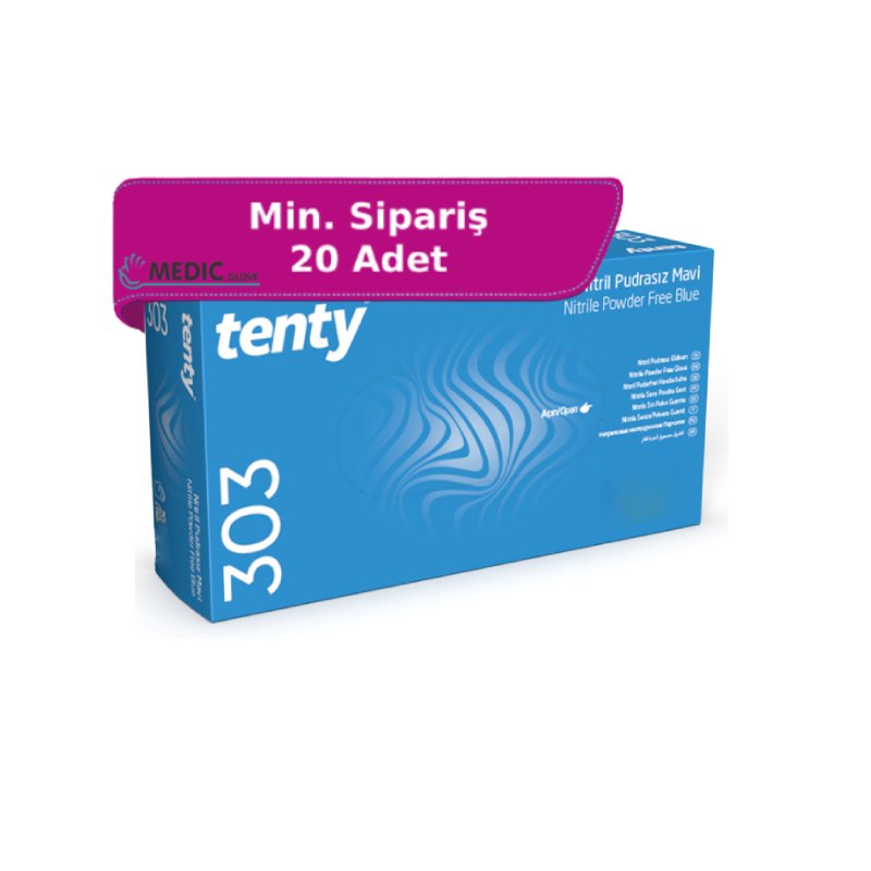 tenty 303 Mavi Nitril Pudrasız Muayene Eldiveni (Small) 100'lü Paket