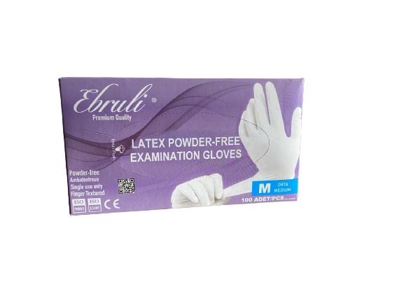 Ebruli Pudrasız Lateks Muayene Eldiveni (Medium) 100'lü Paket
