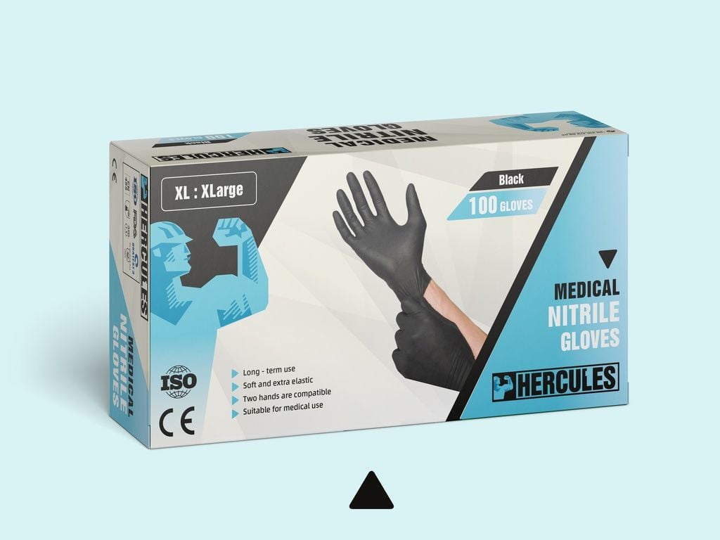 HERCULES Pudrasız Siyah Nitril Muayene Eldiveni (XL) 100'lü Paket