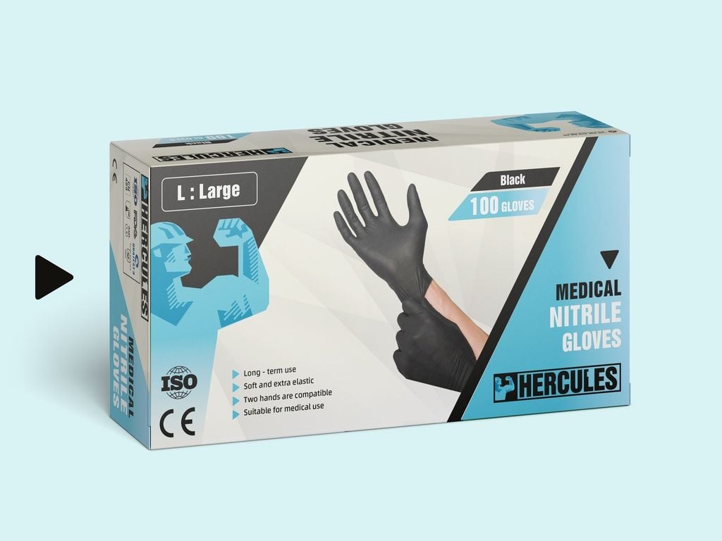 HERCULES Pudrasız Siyah Nitril Muayene Eldiveni (Large) 100'lü Paket