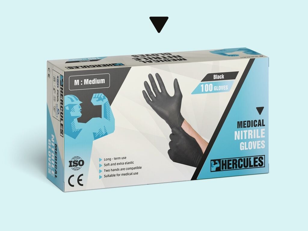 HERCULES Pudrasız Siyah Nitril Muayene Eldiveni (Medium) 100'lü Paket