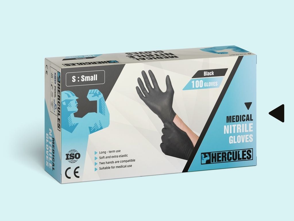 HERCULES Pudrasız Siyah Nitril Muayene Eldiveni (Small) 100'lü Paket