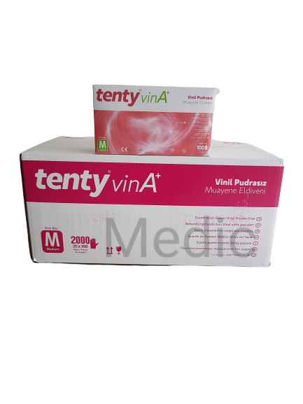 tenty VinA Şeffaf Pudrasız Vinil Muayene Eldiveni (Medium) 100'lü x 20 Paket - 1 Koli