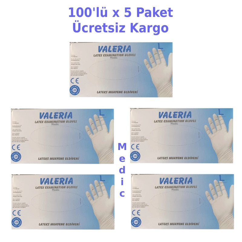 VALERIA Pudralı Lateks Muayene Eldiveni (Large) 100'lü - 5 Paket