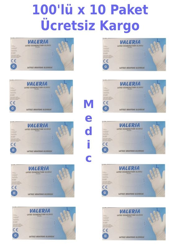 VALERIA Pudralı Lateks Muayene Eldiveni (Large) 100'lü - 10 Paket