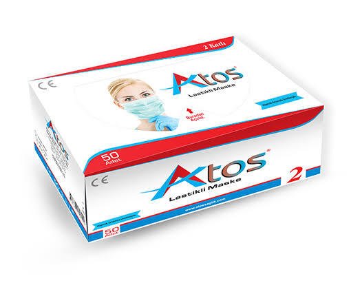 Atos Lastikli Cerrahi Bez Ağız Burun Maskesi 50 Paket (50'li, 2 Katlı, 2500 Adet)