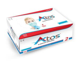Atos Lastikli Cerrahi Bez Ağız Burun Maskesi 50 Paket (50'li, 2 Katlı, 2500 Adet)