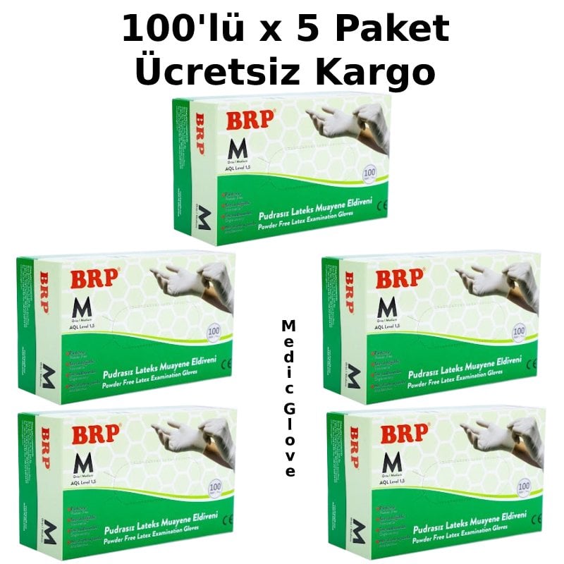 BRP Pudrasız Lateks Muayene Eldiveni (Medium) - 100'lü x 5 Paket