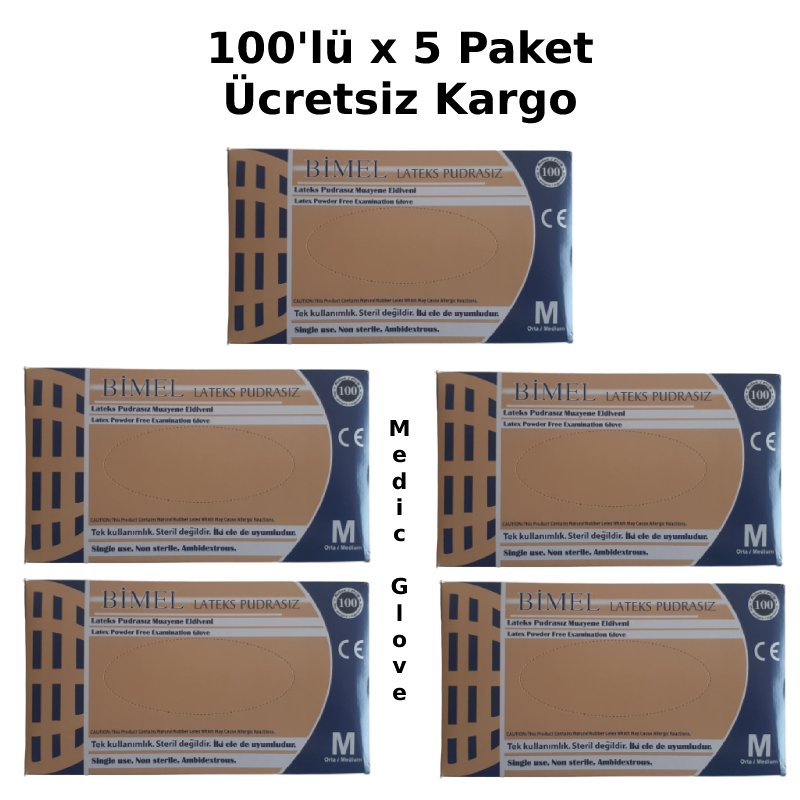 BİMEL Lateks Pudrasız Muayene Eldiveni (Medium) 100'lü x 5 Paket