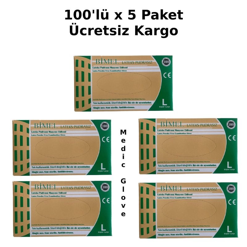BİMEL Lateks Pudrasız Muayene Eldiveni (Large) 100'lü x 5 Paket