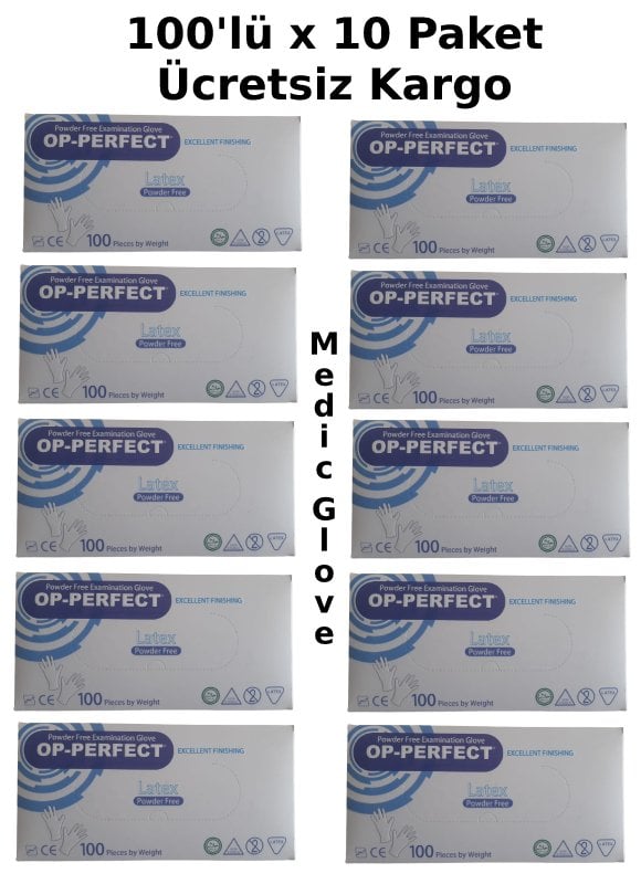 OP-PERFECT  Pudrasız Lateks Muayene Eldiveni (Medium) - 100'lü x 10 Paket