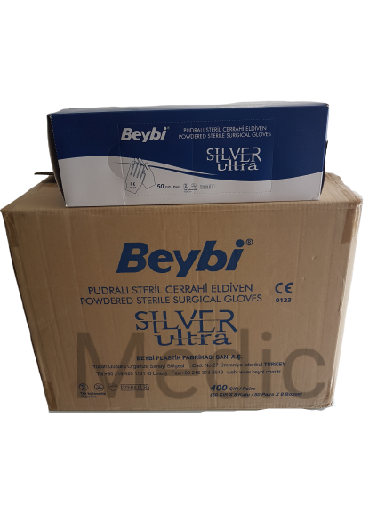 Beybi Pudralı Steril Cerrahi Eldiven Silver Ultra 50'li Paket (No:8,0) x 8 Pk-1 Koli