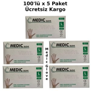 MEDIC GLOVE Şeffaf Pudrasız Vinil Muayene Eldiveni (Large) 100'lü x 5 Paket