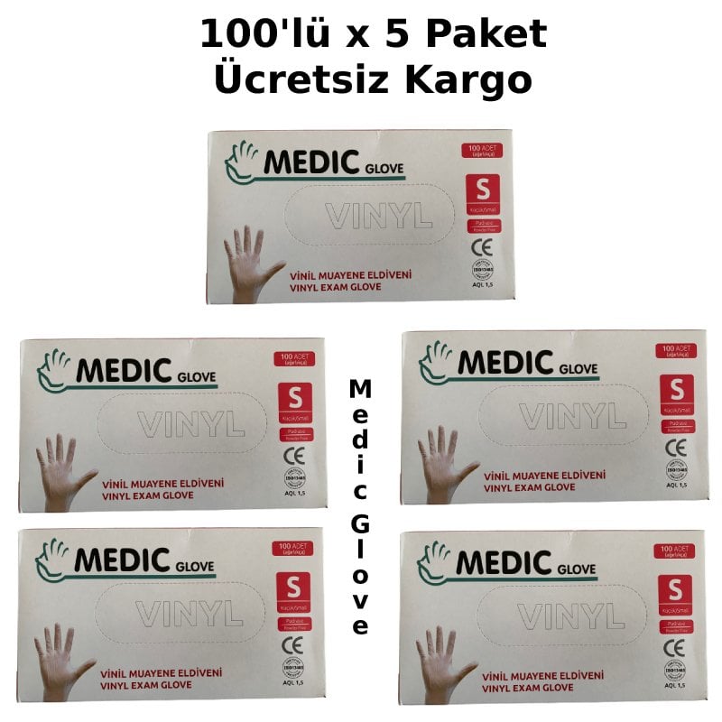 MEDIC GLOVE Şeffaf Pudrasız Vinil Muayene Eldiveni (Small) 100'lü x 5 Paket