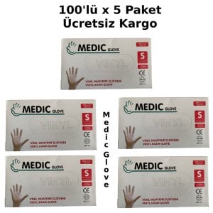 MEDIC GLOVE Şeffaf Pudrasız Vinil Muayene Eldiveni (Small) 100'lü x 5 Paket