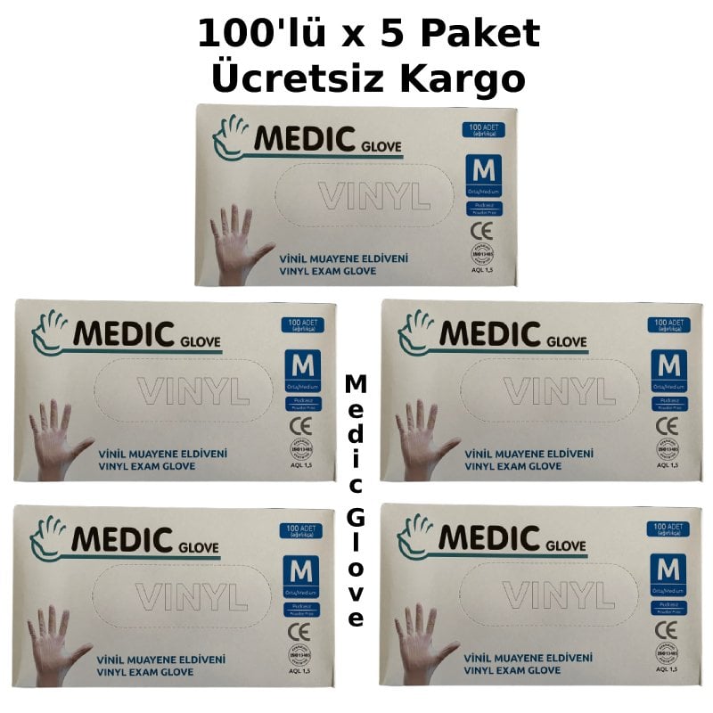 MEDIC GLOVE Şeffaf Pudrasız Vinil Muayene Eldiveni (Medium) 100'lü x 5 Paket