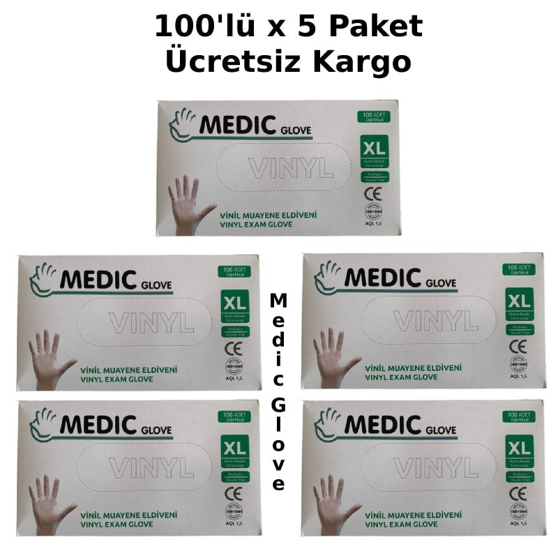 MEDIC GLOVE Şeffaf Pudrasız Vinil Muayene Eldiveni (XL) 100'lü x 5 Paket