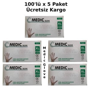 MEDIC GLOVE Şeffaf Pudrasız Vinil Muayene Eldiveni (XL) 100'lü x 5 Paket