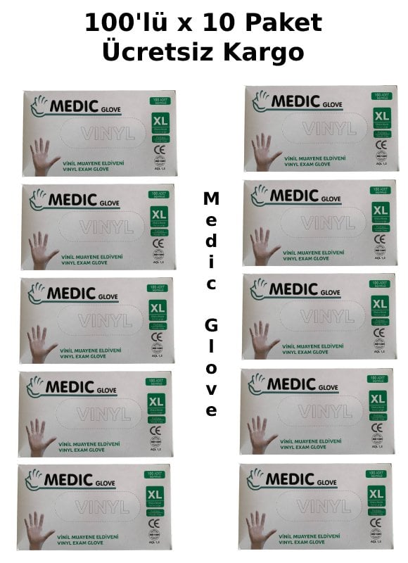 MEDIC GLOVE Şeffaf Pudrasız Vinil Muayene Eldiveni (XL) 100'lü x 10 Paket
