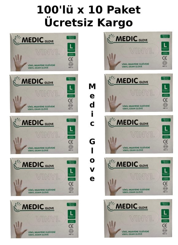 MEDIC GLOVE Şeffaf Pudrasız Vinil Muayene Eldiveni (Large) 100'lü x 10 Paket