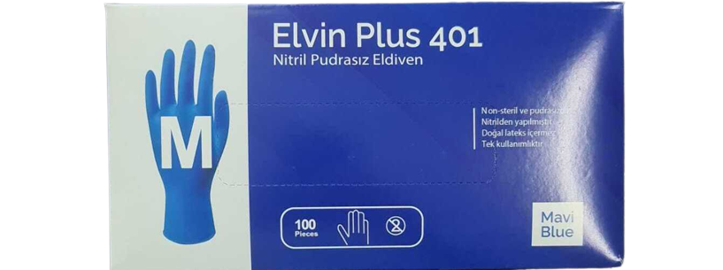 Elvin Plus 401 Mavi Pudrasız Nitril Muayene Eldiveni (Medium) 100'lü x 10 Pk - Koli