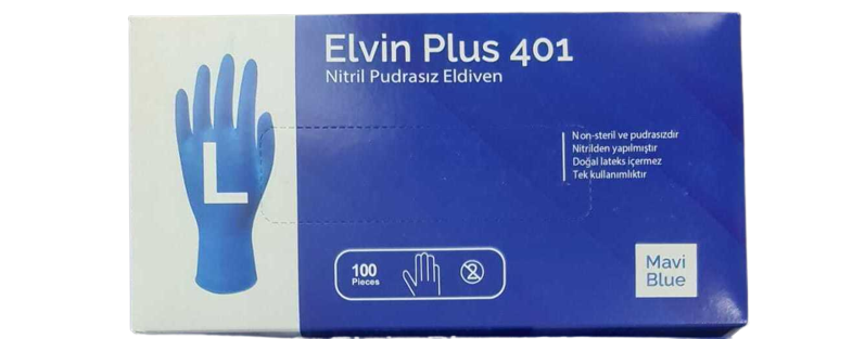 Elvin Plus 401 Mavi Pudrasız Nitril Muayene Eldiveni (Large) 100'lü x 10 Pk - Koli