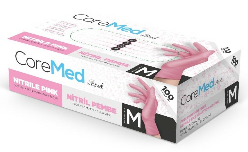 CoreMed Pembe Nitril Pudrasız Muayene Eldiveni (Medium) 100'lü Pk