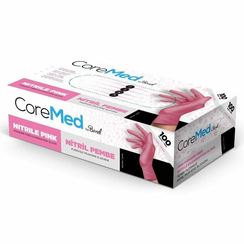 CoreMed Pembe Nitril Pudrasız Muayene Eldiveni (Small) 100'lü Pk