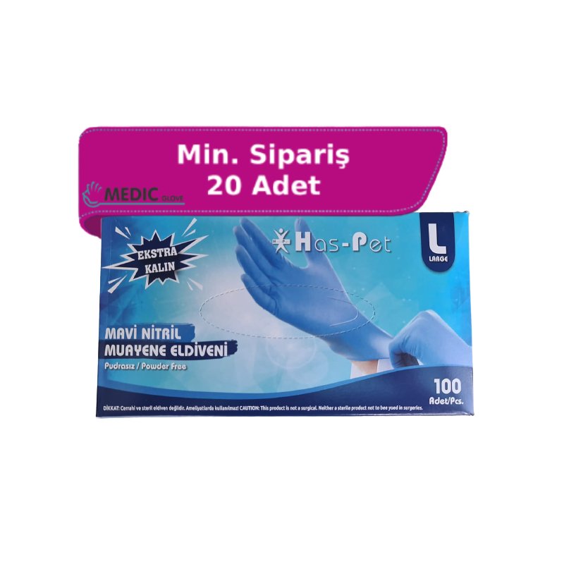 Has-Pet Mavi Pudrasız Nitril Ekstra Kalın Muayene Eldiveni (Large) 100'lü x Paket