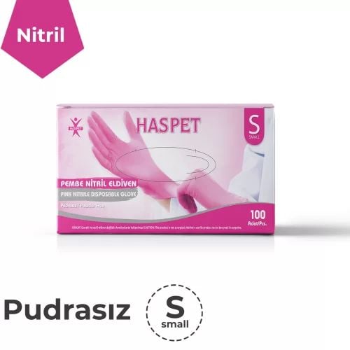 HASPET Pembe Nitril Pudrasız Muayene Eldiveni (Small) 100'lü Pk