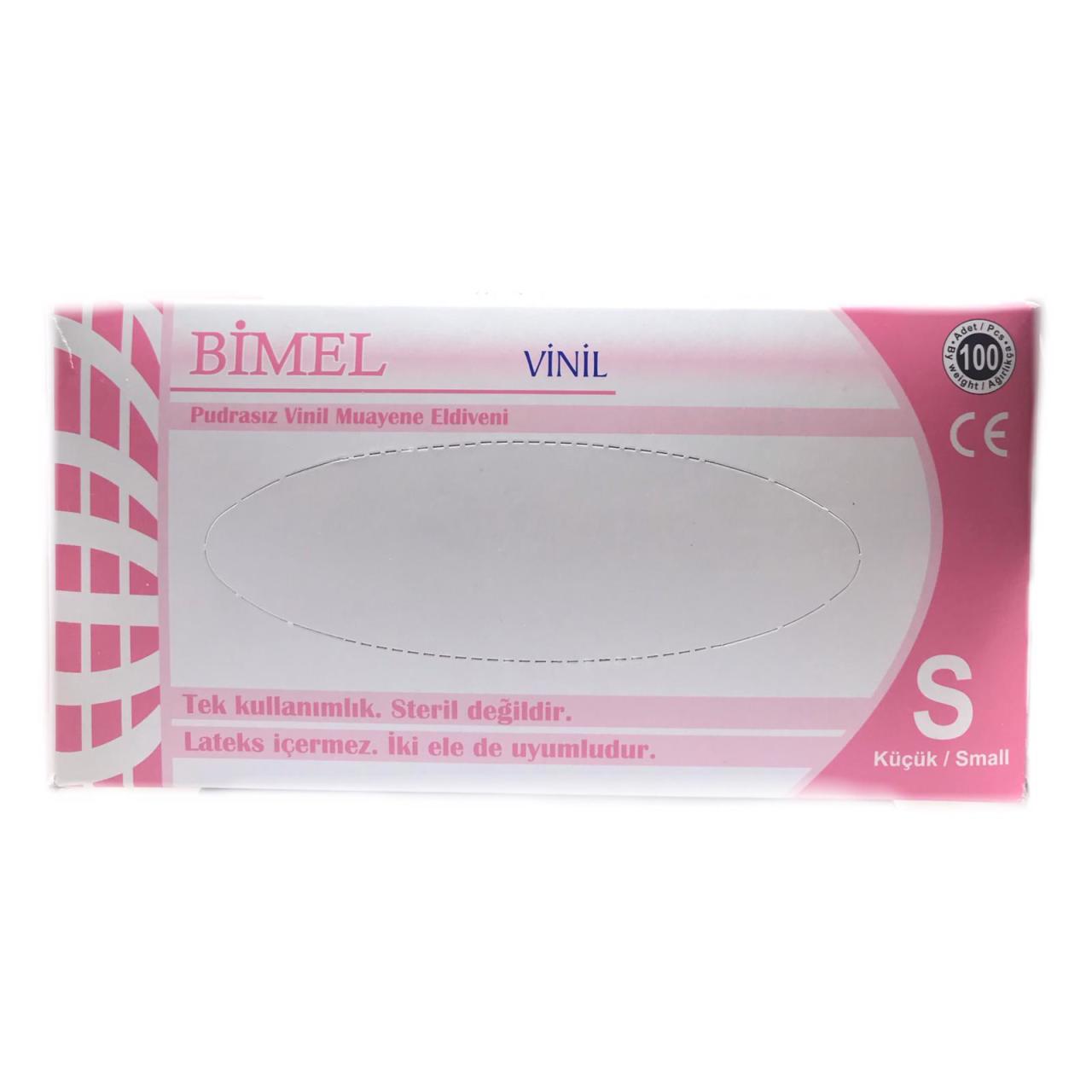 BİMEL Şeffaf Pudrasız Vinil Muayene Eldiveni (Small) 100'lü x 20 Paket-1 Koli