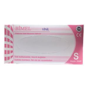 BİMEL Şeffaf Pudrasız Vinil Muayene Eldiveni (Small) 100'lü x 20 Paket-1 Koli