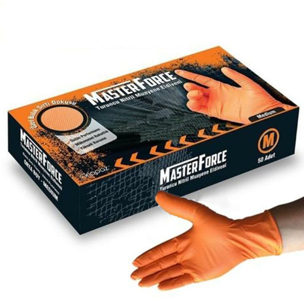 MasterForce Turuncu Pudrasız Nitril (Medium) Muayene Eldiveni 50'li Paket