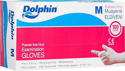 Dolphin Şeffaf Pudrasız Vinil Muayene Eldiveni 100'lü Paket (Medium)