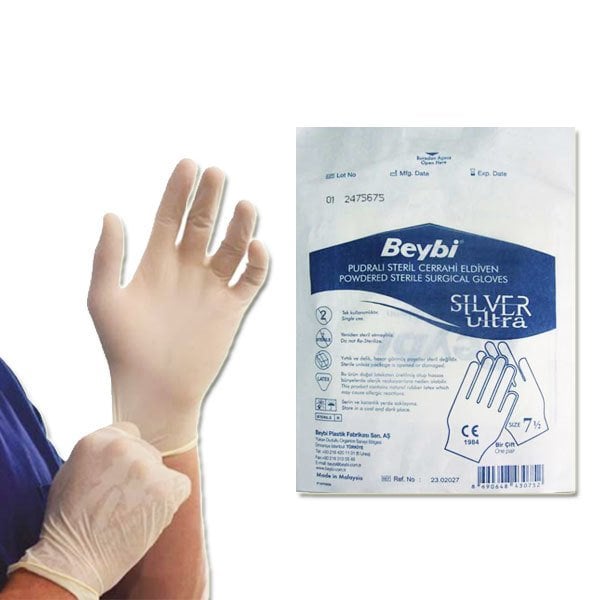 Beybi Pudralı Steril Cerrahi Eldiven Silver Ultra 50'li Paket (No:8,0)
