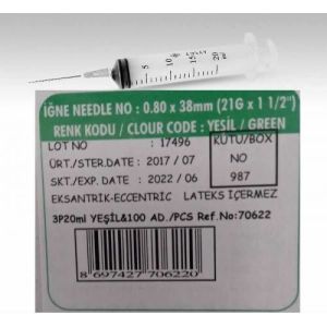 AYSET 20 cc x Yeşil Uçlu Enjektör Şırınga x 100 Adet