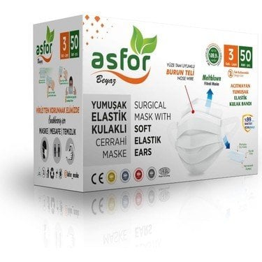asfor 3 Katlı Meltblown Bez Lastikli Cerrahi Maske 50'li Paket (Beyaz)