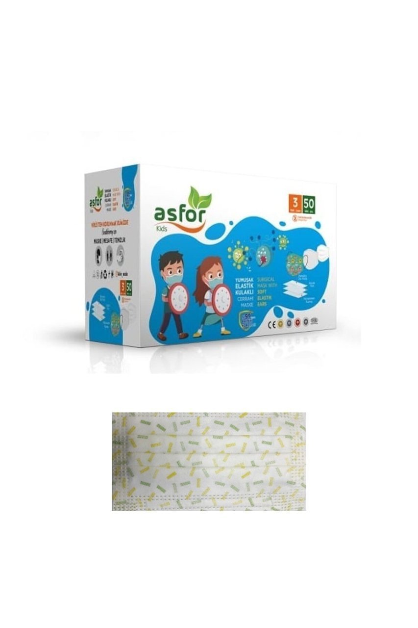 asfor Çocuk 3 Katlı Meltblown Bez Lastikli Cerrahi Maske 50'li Paket (Mavi)
