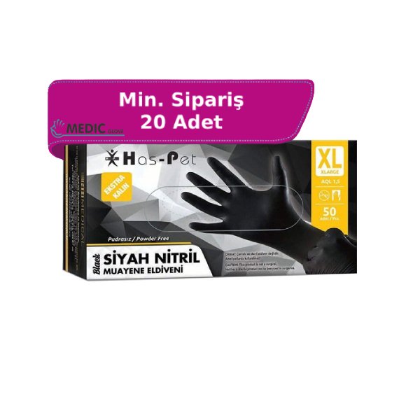 Has-Pet Siyah Pudrasız Nitril Ekstra Kalın Muayene Eldiveni (XL) 50'li - Paket