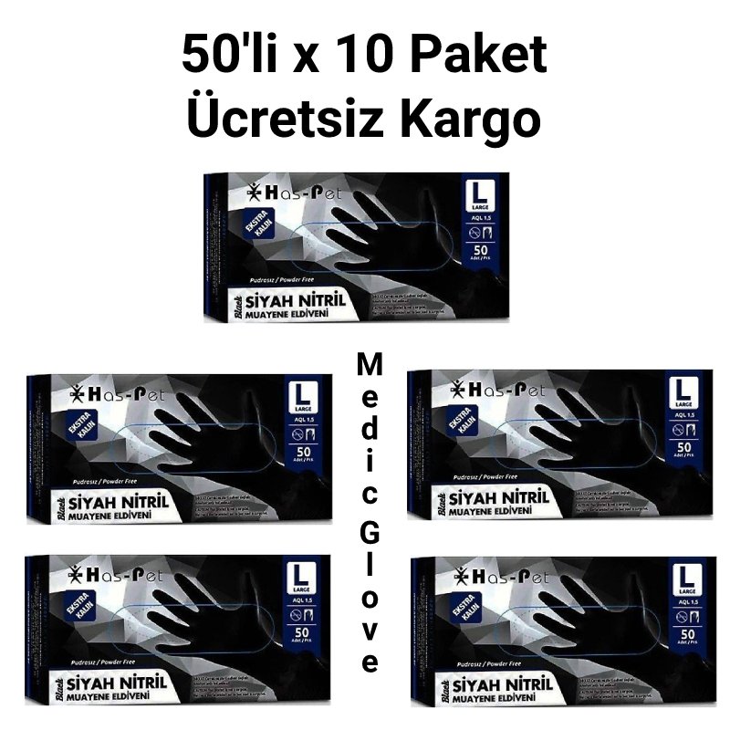Has-Pet Siyah Pudrasız Nitril (Large) Ekstra Kalın Muayene Eldiveni 50'li x 5 Paket