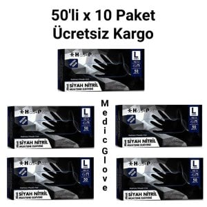 Has-Pet Siyah Pudrasız Nitril (Large) Ekstra Kalın Muayene Eldiveni 50'li x 5 Paket