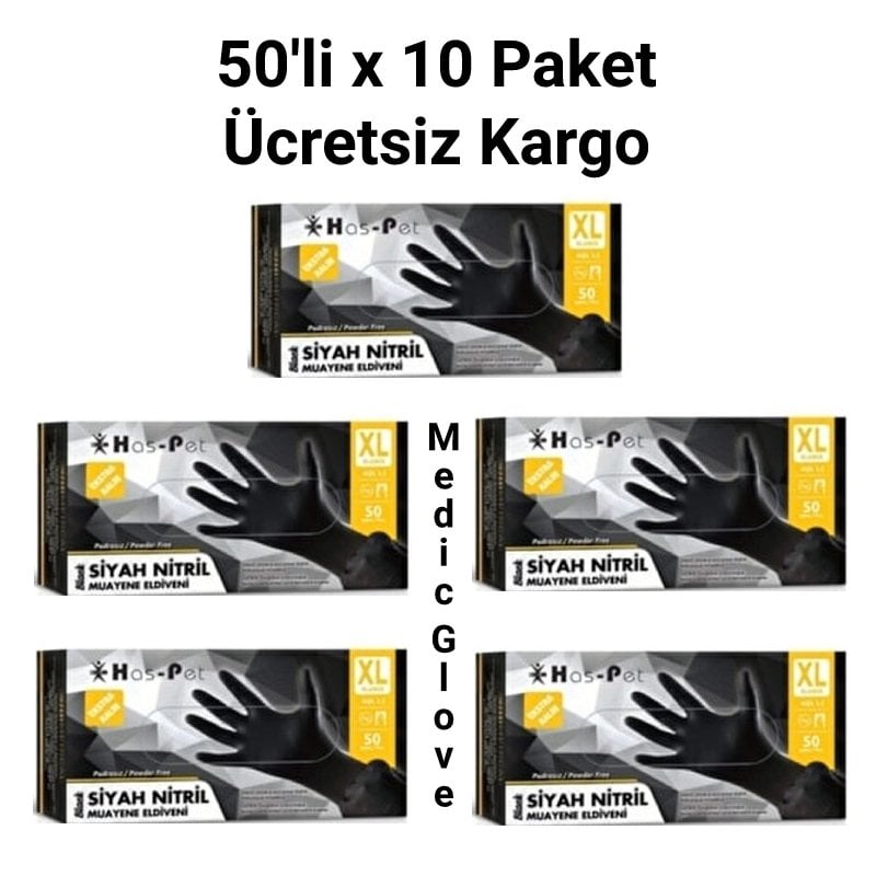 Has-Pet Siyah Pudrasız Nitril (XL) Ekstra Kalın Muayene Eldiveni 50'li - 5 Paket