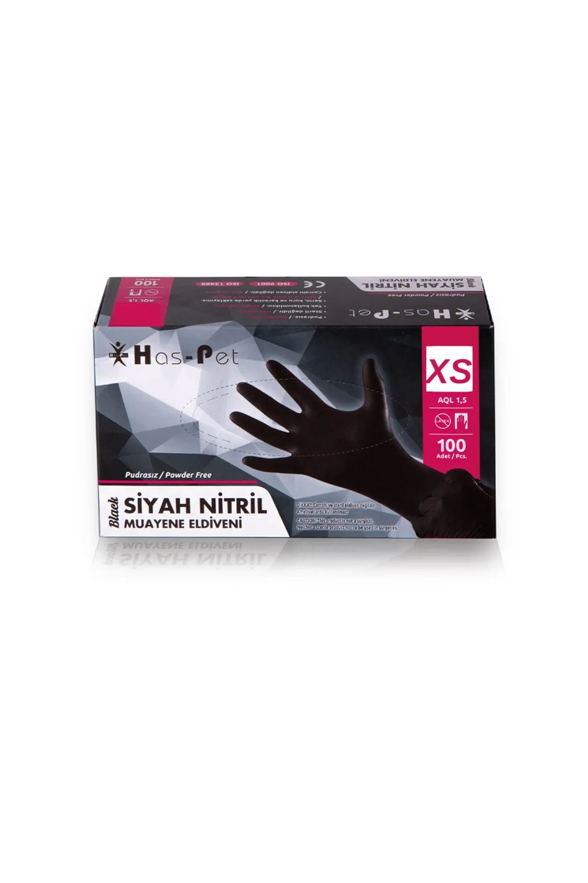 Has-Pet Siyah Pudrasız Nitril Muayene Eldiveni (XS) 100'lü 20 Paket - 1 Koli