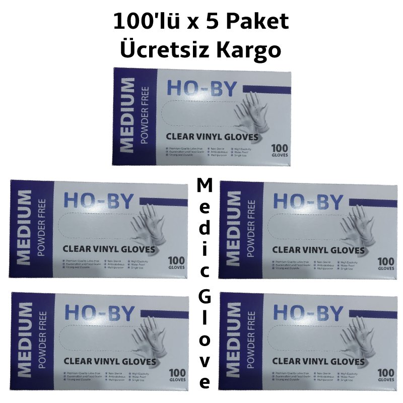 HO-BY Pudrasız Vinil Muayene Eldiveni (Medium) 100'lü x 5 Paket