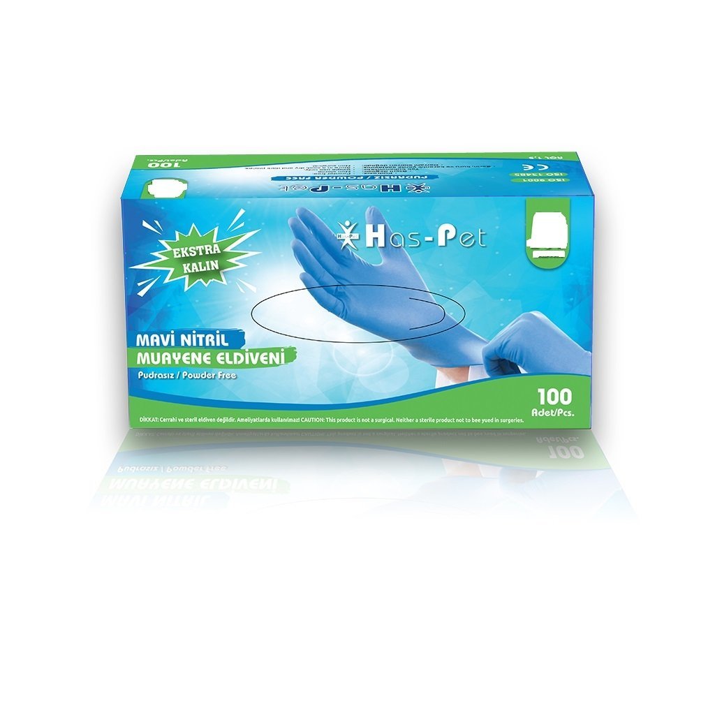 Has-Pet Mavi Pudrasız Nitril Ekstra Kalın Muayene Eldiveni (XL) 100'lü x 20 Paket - Koli