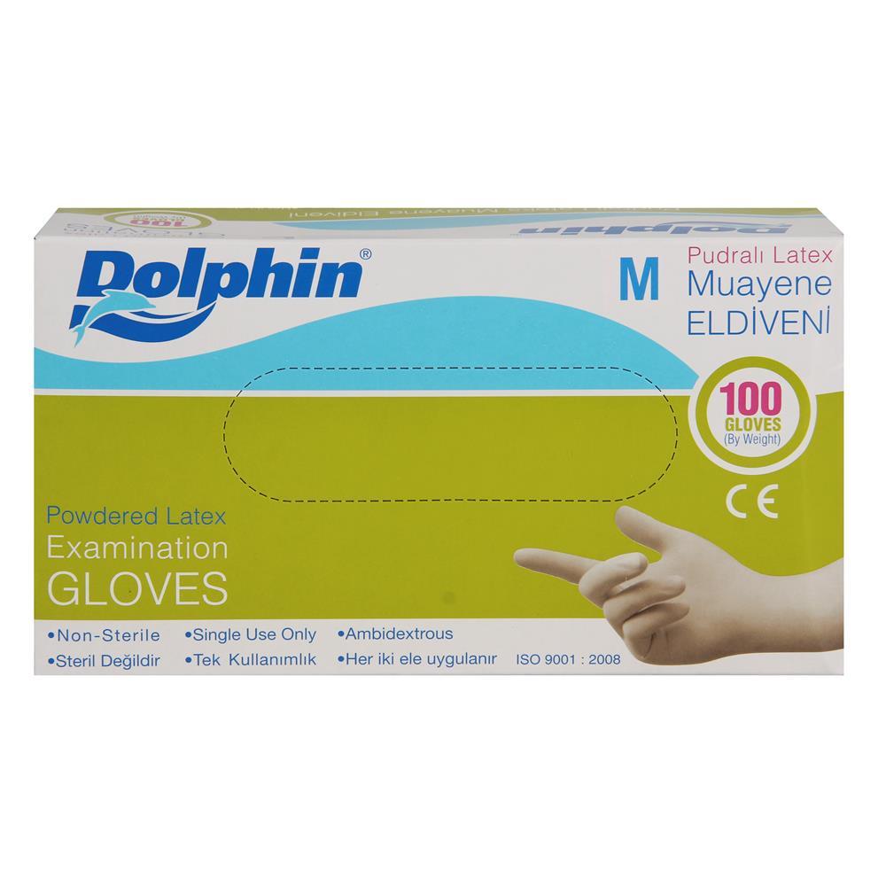 Dolphin Pudralı Lateks Muayene Eldiveni (Medium) 100'lü Paket