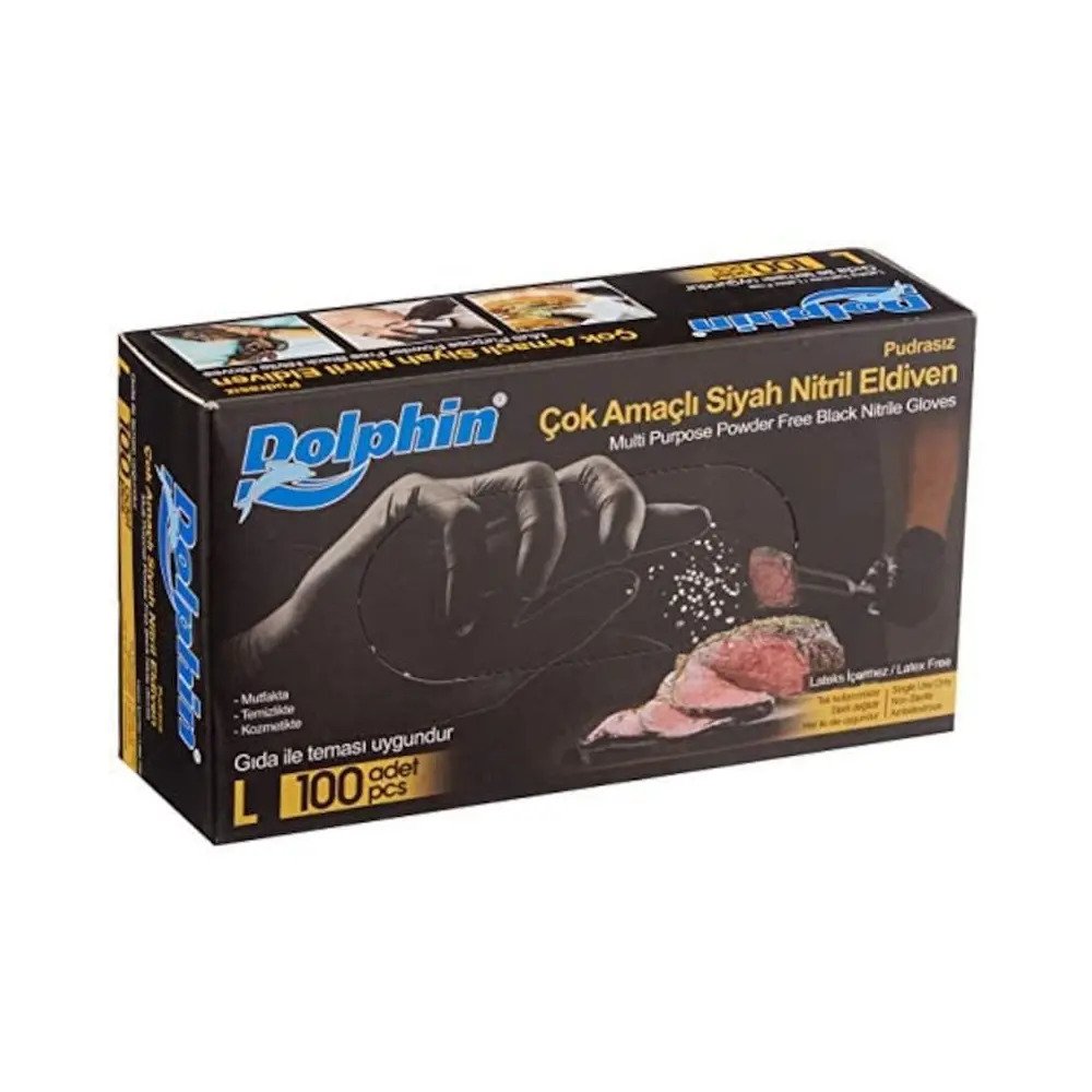 Dolphin Siyah Pudrasız Nitril  Eldiven (Large) 100'lü x Paket